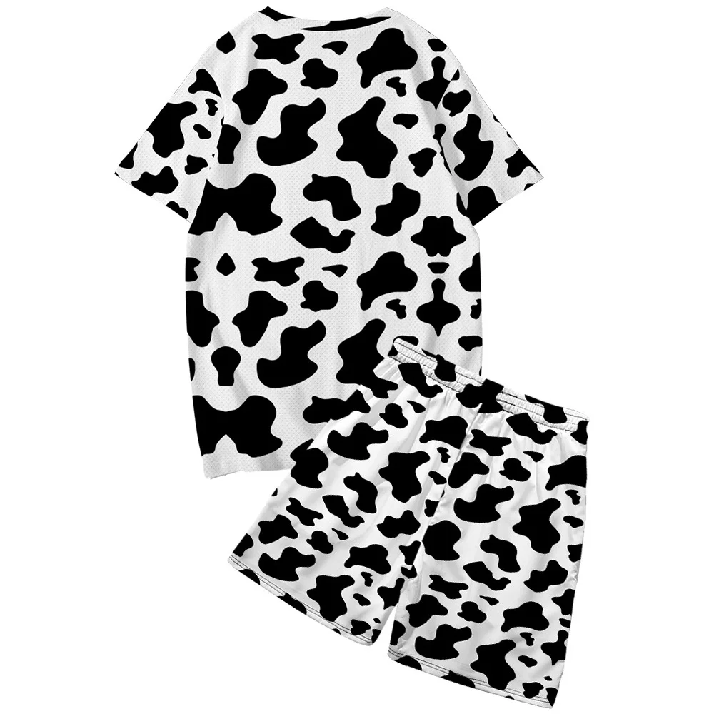 Summer Black White Cow Print Men Sets Cow Spots Pattern Casual T-shirt Set Hawaiian Fitness Outdoor Shorts Suit 2 Piece Clothing