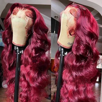 Peruca brasileira do cabelo humano da onda do corpo para mulheres, 99j Borgonha, HD Lace Frontal, 200 Densidade, 13x4