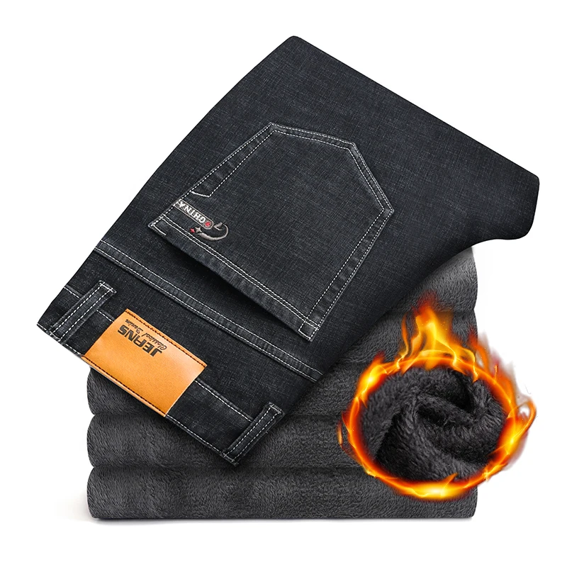 

Деловые эластичные флисовые джинсы, мужские зимние теплые толстые модные прямые флисовые джинсовые брюки, повседневные свободные плюшевые брюки