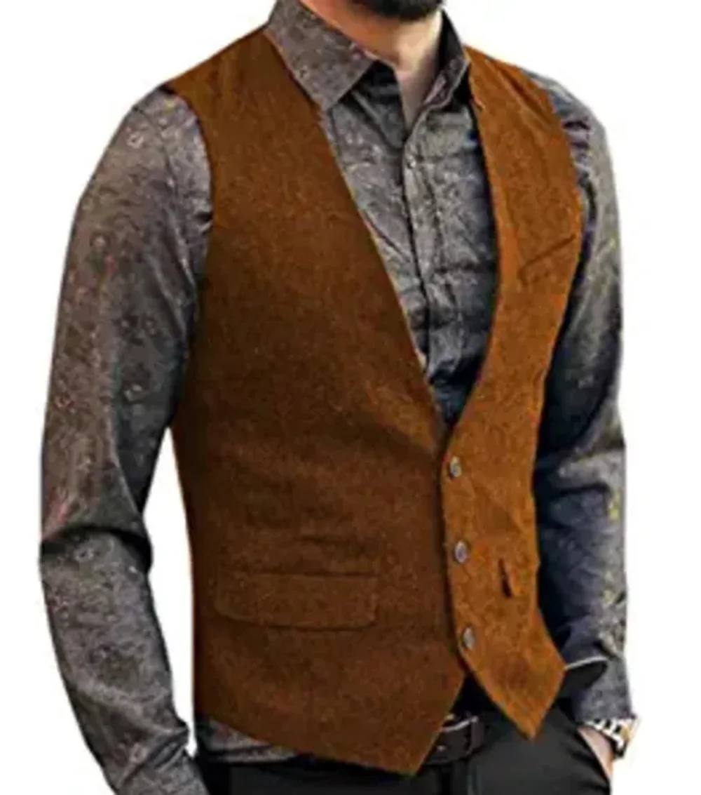 Black Flip Pocket Men Suit Vest V Neck Jacket Herringbone Tweed Business Waistcoat Wedding Groomman Clothing Victorian Steampunk