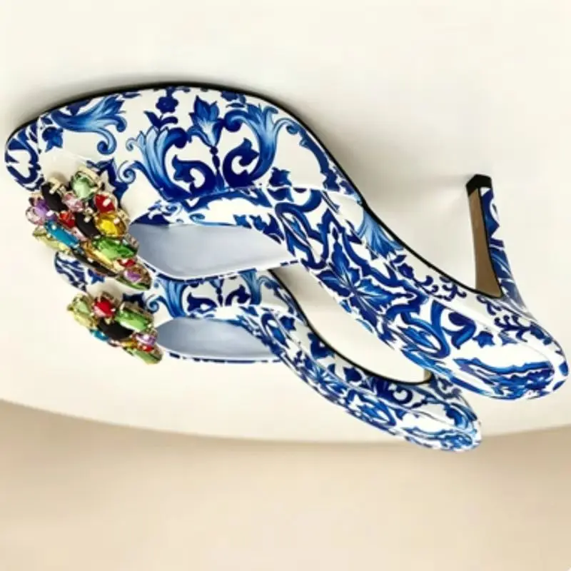 

Blue and White Porcelain Print Mules Shoes Rhinestone Bow Decor Peep Toe High Heeled Slippers Slip On Women Sandals Shoes