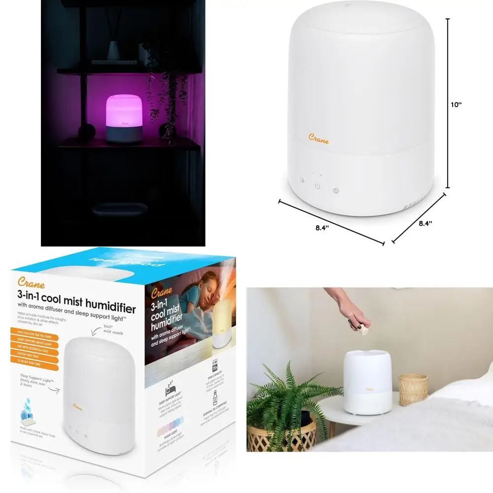 

Компактный мини-увлажнитель 3-в-1 с диффузором для эфирных масел и ночником для спальни и детской комнаты, 0,5 галлона, безопасный для детей