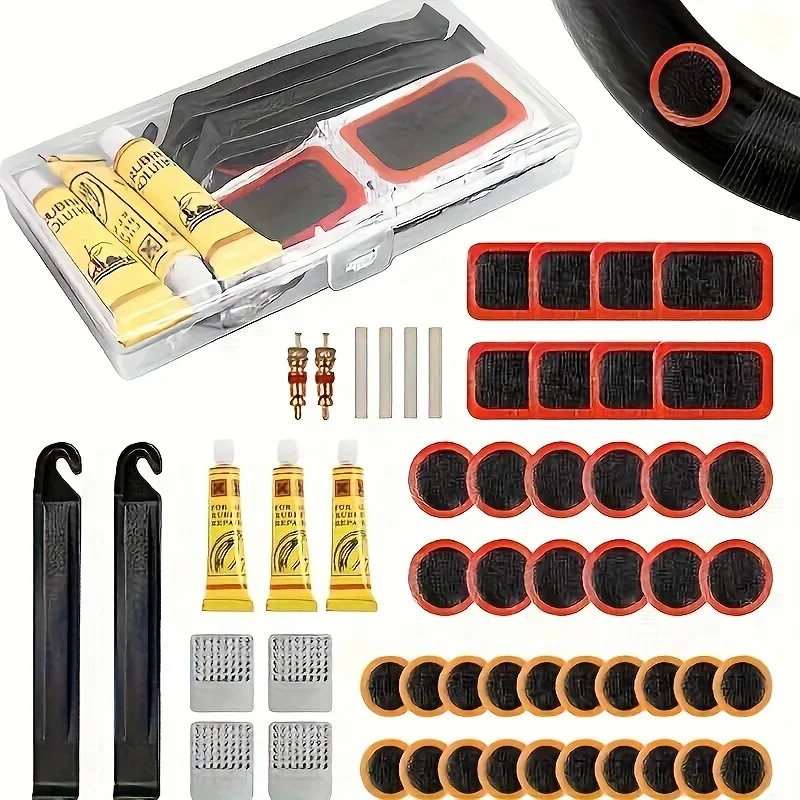 1 Set Tragbare Fahrradreifen-Reparatursets mit Reifenhebern, Gummipatches, Reparaturwerkzeug für Fahrradschläuche