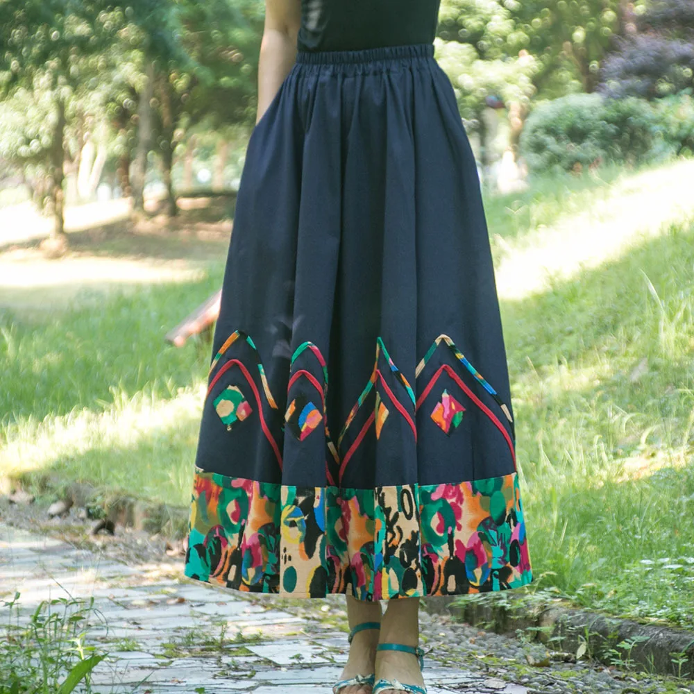 TIYIHAILEY Printed Skirts Long Maxi A-line Elastic High Waist Women Cotton And Linen Patchwork Ladies New Fashion 2025