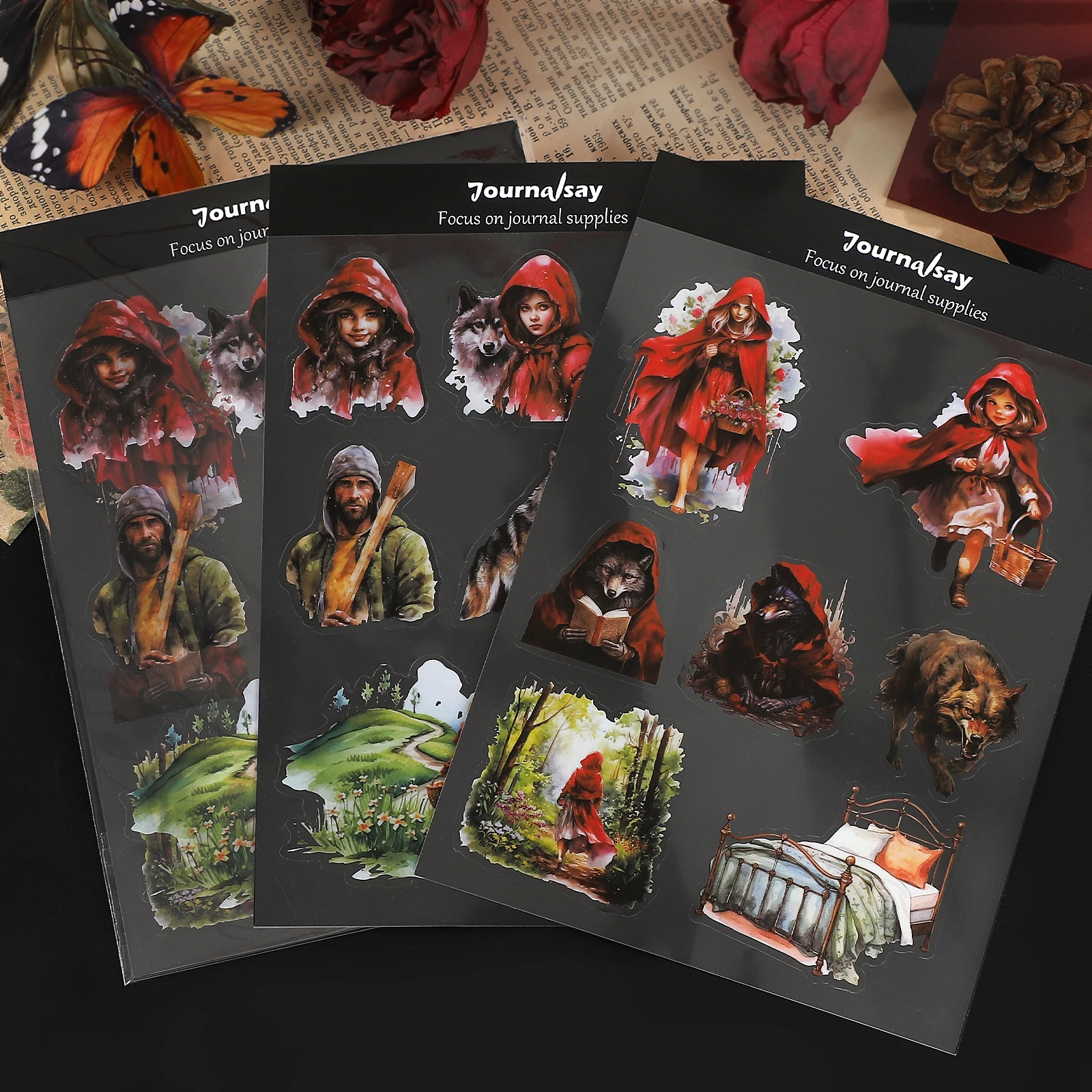 

2 листа, винтажная кавайная девушка, волк, персонаж, пейзаж, наклейка для домашних животных, креативный материал для журнала «сделай сам», канцелярские принадлежности для коллажа