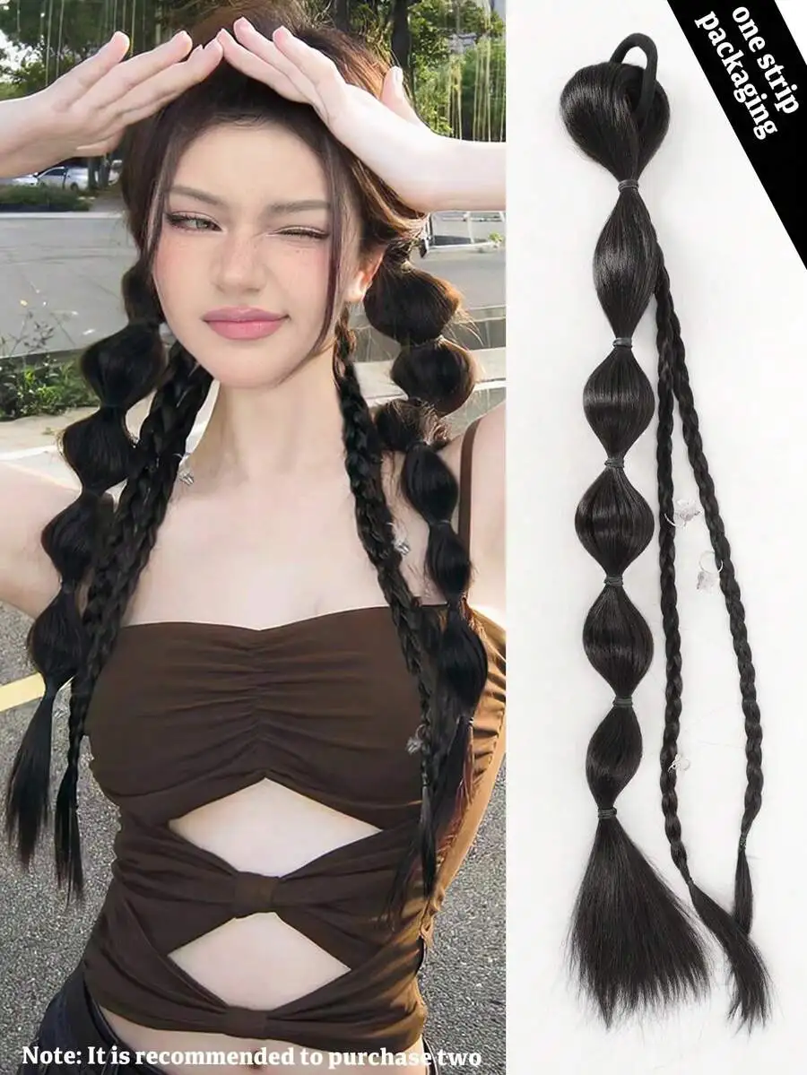 

Synthetic Long Straight Hair Natural Bubble Braid Plait Ponytail Wig With Rubber Band Natural Fashion