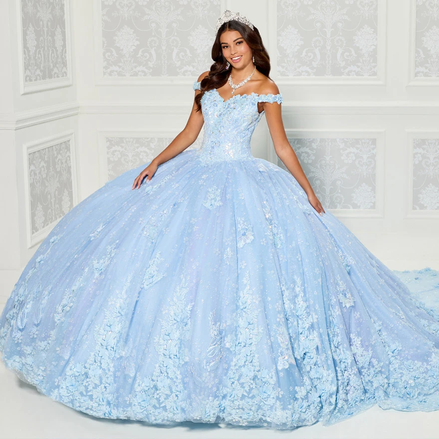 Lorencia-Applique Beading azul com renda fora do ombro Vestidos Quinceanera, vestido de baile, flores doces, 15, YQD18