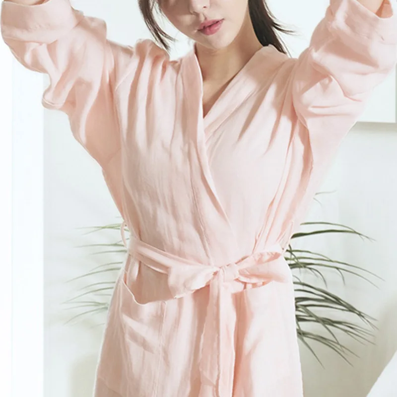 100% Cotton Night-Robe Dress Women\'s Loose Wrape Bathrobe With Sashes Casual Long Sleeve Lady Simple Sleepwear Night Dresses