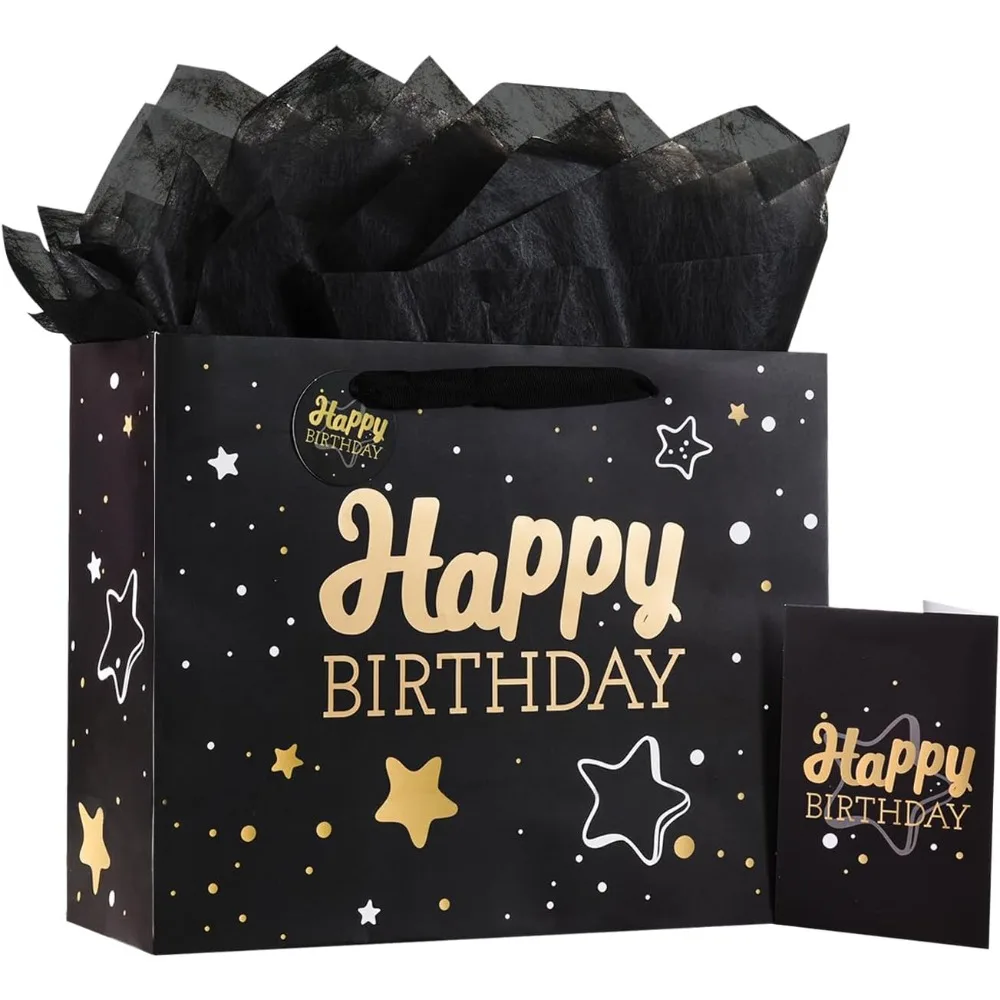 

Black Birthday Gift Bag with Tissue Paper and Greeting Card, 13'x10.2'x4.9', Medium (1-Piece Set, Black Starry Sky, Unisex, Incl