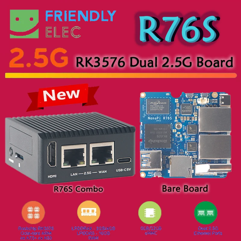 NanoPi R76S RK3576 Development board 2/3/4/16GB RAM 0/32/64GB EMMC LPDDR5 Dual 2.5G Network port HDMI AI Deployment