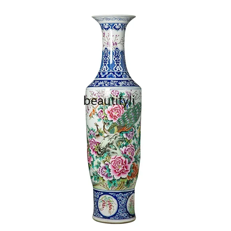 xx1Famille Rose Hand Drawning Ronghua Fugui Living Room and Hotel Floor Ceramic Vase Decorations