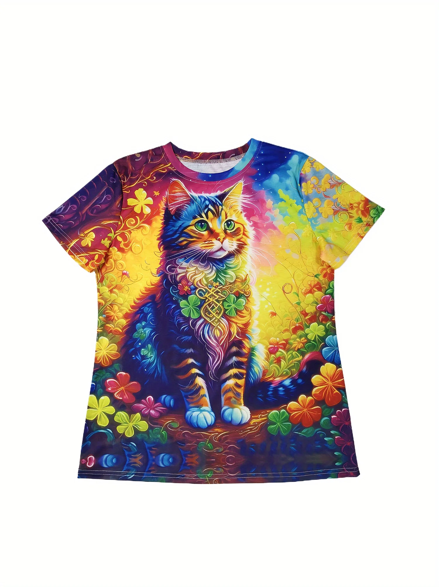 Damen-T-Shirt – bunte keltische Katze und Kleeblatt-Grafik, skurriles psychedelisches Haustier-Design für den täglichen Gebrauch