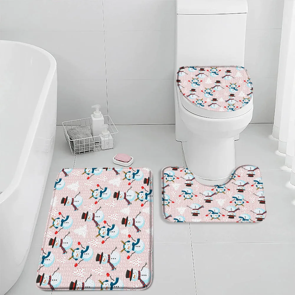 Christmas Cartoon Bath Mat Set Snowman Christmas Elf Pine Tree Xmas Hat Sock Kids Bathroom Decor Bathtub Rug Toilet Lid Cover