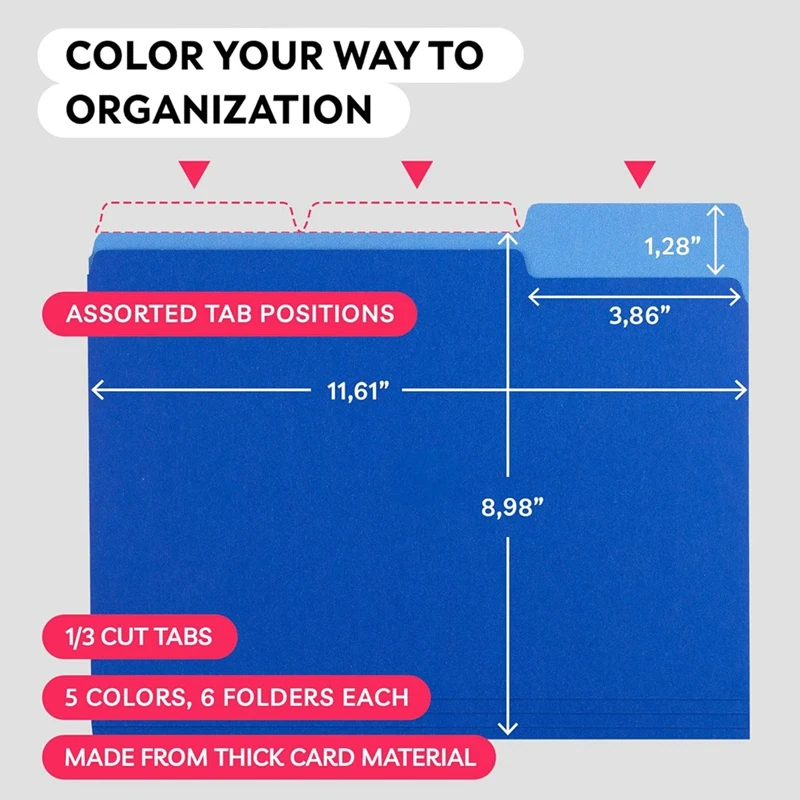컬러 파일 폴더 글자 크기, 8.5 x 11in, 1/3 컷 탭, 5 가지 색상, 30 개