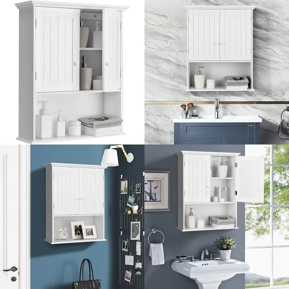 

White Wooden 2-Door 1-Shelf Wall-Mounted Bathroom Storage Cabinet with Cottage Style