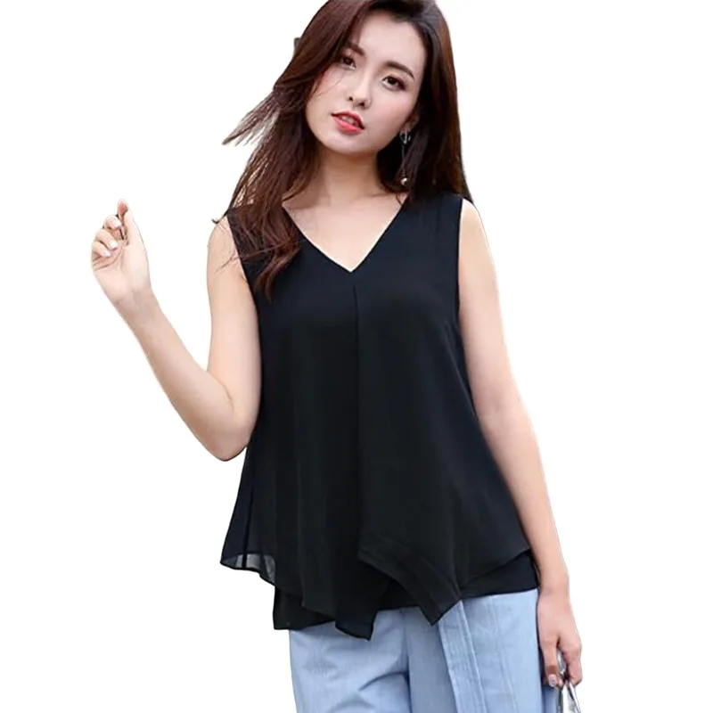 Women Sleeveless Chiffon Tank Top Plus size Casual Blouse Pleated Big Swing Chiffon Shirts camisa blusen damen blouse large