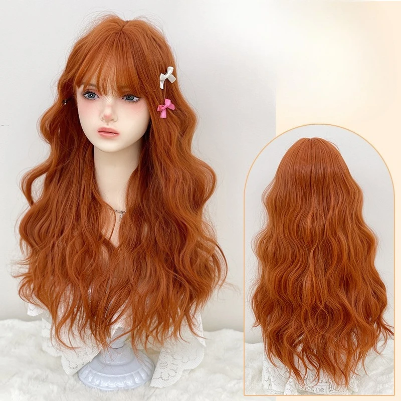 Wig orange long curly hair fashion lolita Harajuku loli daily full headgear mechanism rose mesh