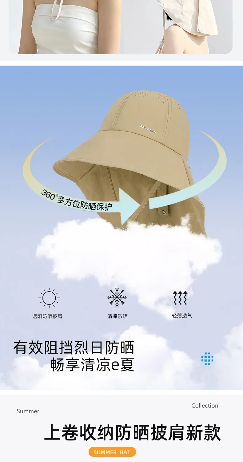 HOT Damen-Sonnenhut, schnelltrocknend, UV-Schutz, Fischerhut, breite Krempe, Bucket Hat mit Nackenschutz, Wanderhut, Sonnenschutzkappe – Detail 2