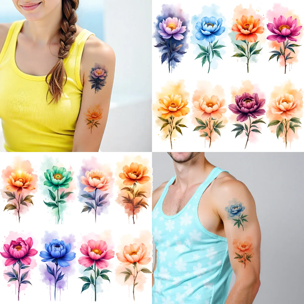 

9pcs Temporary Tattoo Flower Tattoos Waterproof Long-lasting Body Stickers Watercolor Tattoos Watercolor For Ladies Chest