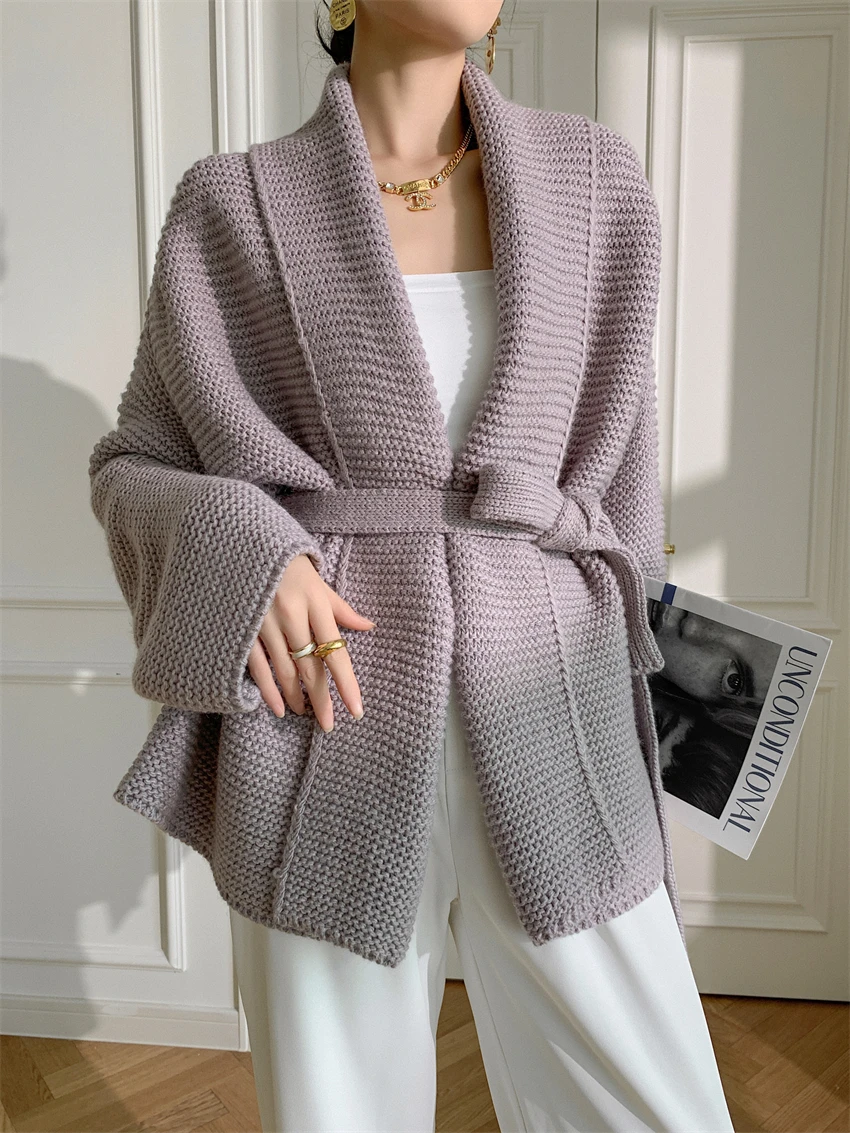 Personalized Design: Medium Long Wool Cardigan, Autumn and Winter Coat, Loose Coat, Thick Sweater, Solid Color Knitting Belt