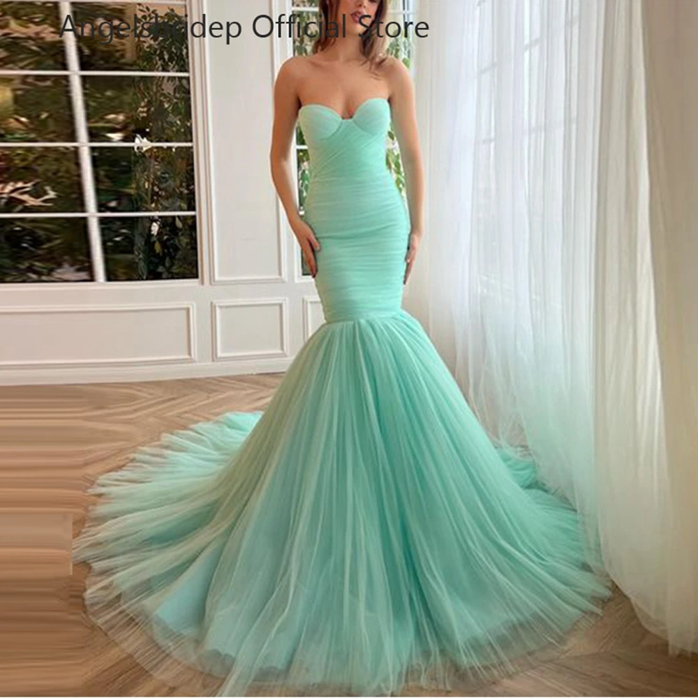 

Angelsbridep Mint Mermaid Prom Dresses Vestidos De Noche Sweetheart Tulle Sweep Train Evening Dress Robe De Soirée Party Gowns