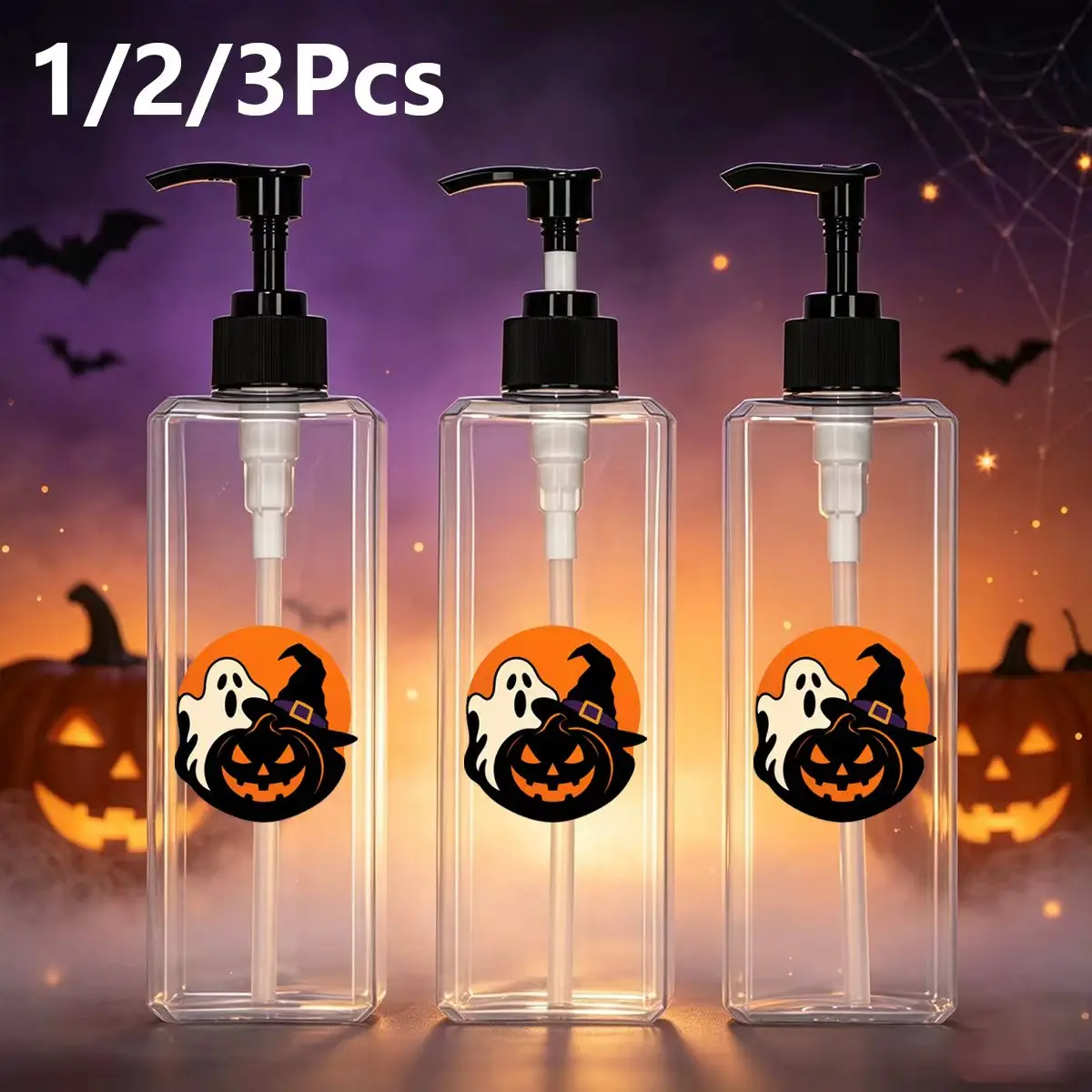 1Pc/2Pcs/3Pcs 400ml Transparent Square Shower Soap Dispenser with Pumpkin and Ghost Cartoon Designs, Refillable Shampoo, Shower Gel, and Conditioner Dispenser, Halloween Theme - Suitable for Halloween, Shower Rooms, Hotels, Kitchens - No Electricity Required for Use