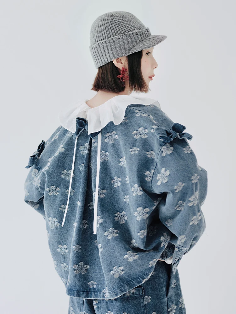 Imakokoni-Veste en jean à simple boutonnage pour femme, cardigan design original, imprimé, court, décontracté, tendance de la mode, haut avec nœud,