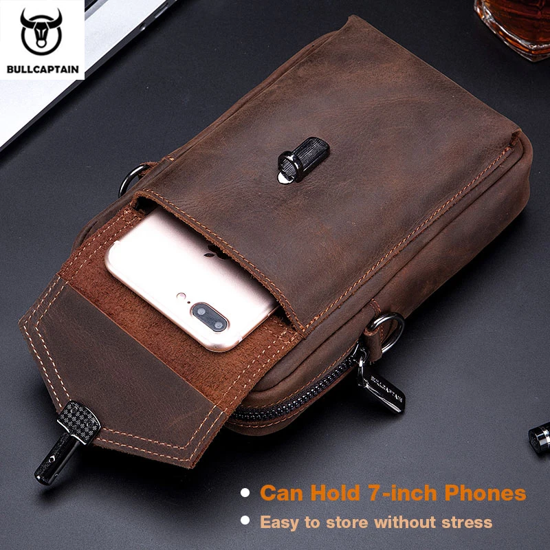 BULLCAPTAIN Crazy Horse Leather Men\'s Waist Bags Multifunctional 7-inch Mobile Phone Bag Bag Male Shoulder Messenger Bages Brown