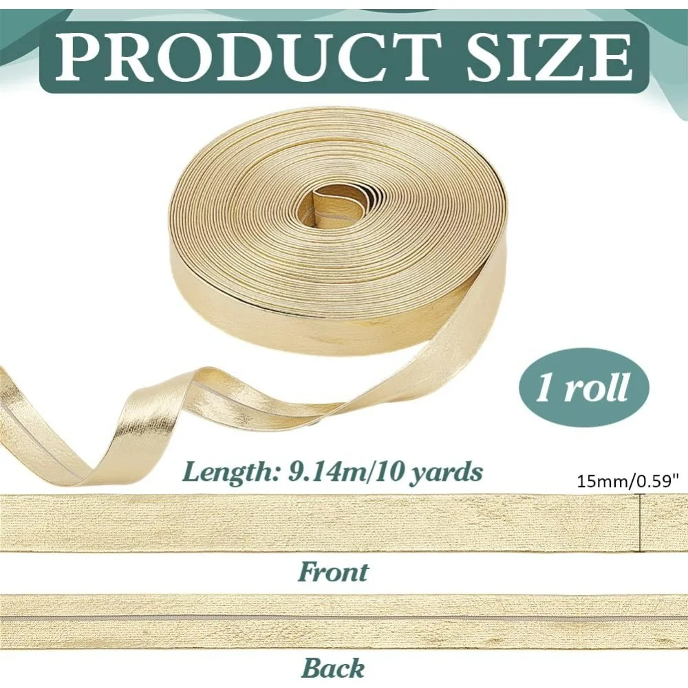 9.8 Yards Gold Leather Trim Fold Over Trim Double Sided Strap Golden Bias Tape Ribbon Metallic Flat Strips 5/8 inch Wide for DIY
