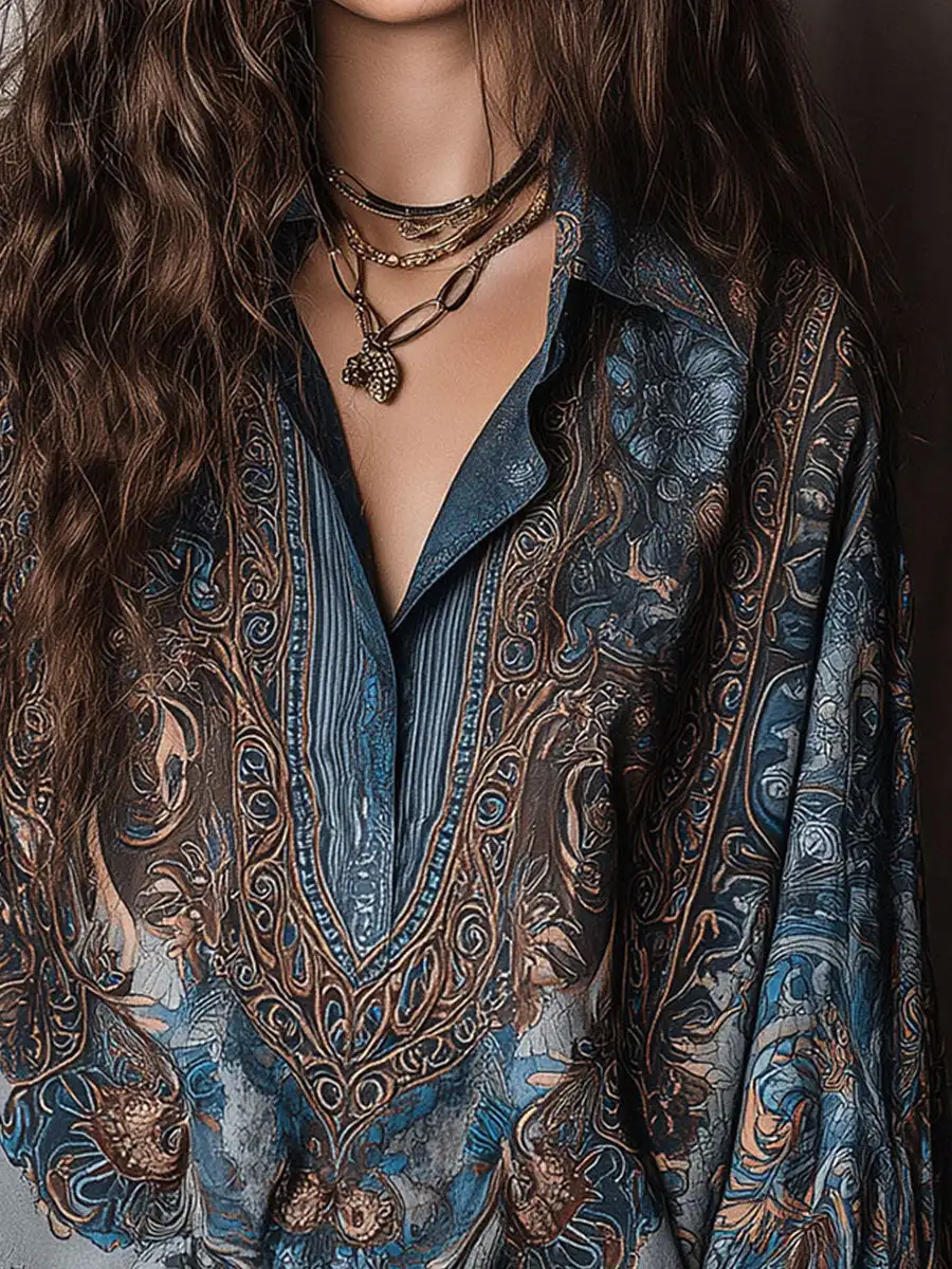 Daily Retro Paisley Print Loose Blouse Women Lapel Collar Long Sleeve Basic Shirts Casual Beach Bohemian Tops blusas femmes