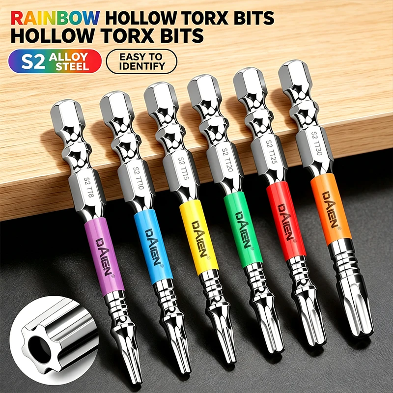 Colorful Magnetic Torx Screwdriver Bits S2 Alloy Steel 65mm Hollow TT8 TT10 TT15 TT20 TT25 TT30 1/4 Inch Hex Bit