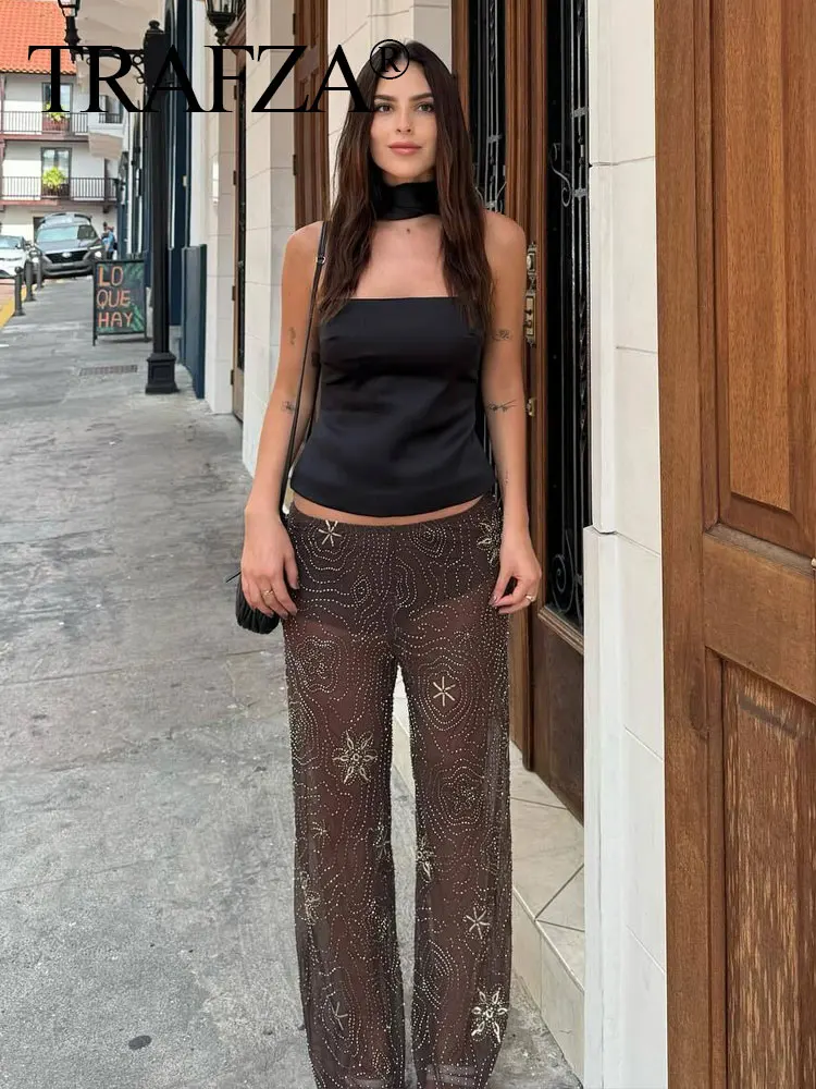 

TRAFZA Female Summer Fashion Tulle Wide Leg Pant Elastic Waist Sexy Translucent Mid-Waist Beaded Decoration Casual Trousers