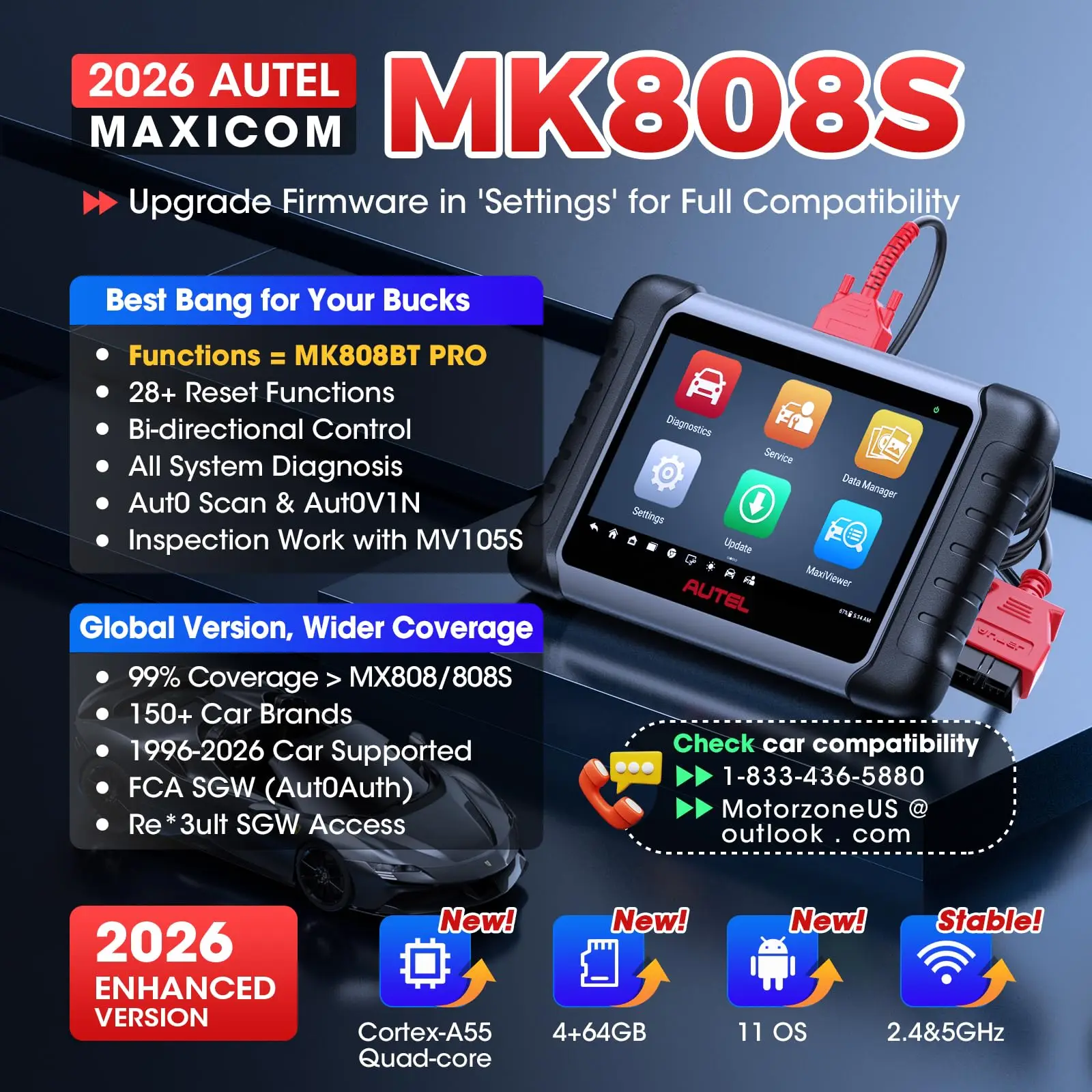 Autel MaxiCOM MK808S Automotive Scan Tool Wireless Diagnostic Scanner Bi-Directional Control 28+ Resets FCA AutoAuth Support for 200+ Brands