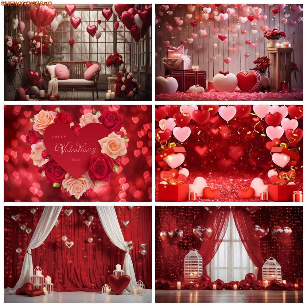 

Valentine's Day Backdrop For Photography Glitter Light Love Heart Balloon Red Rose Flowers Wedding Party Background Photo Studio