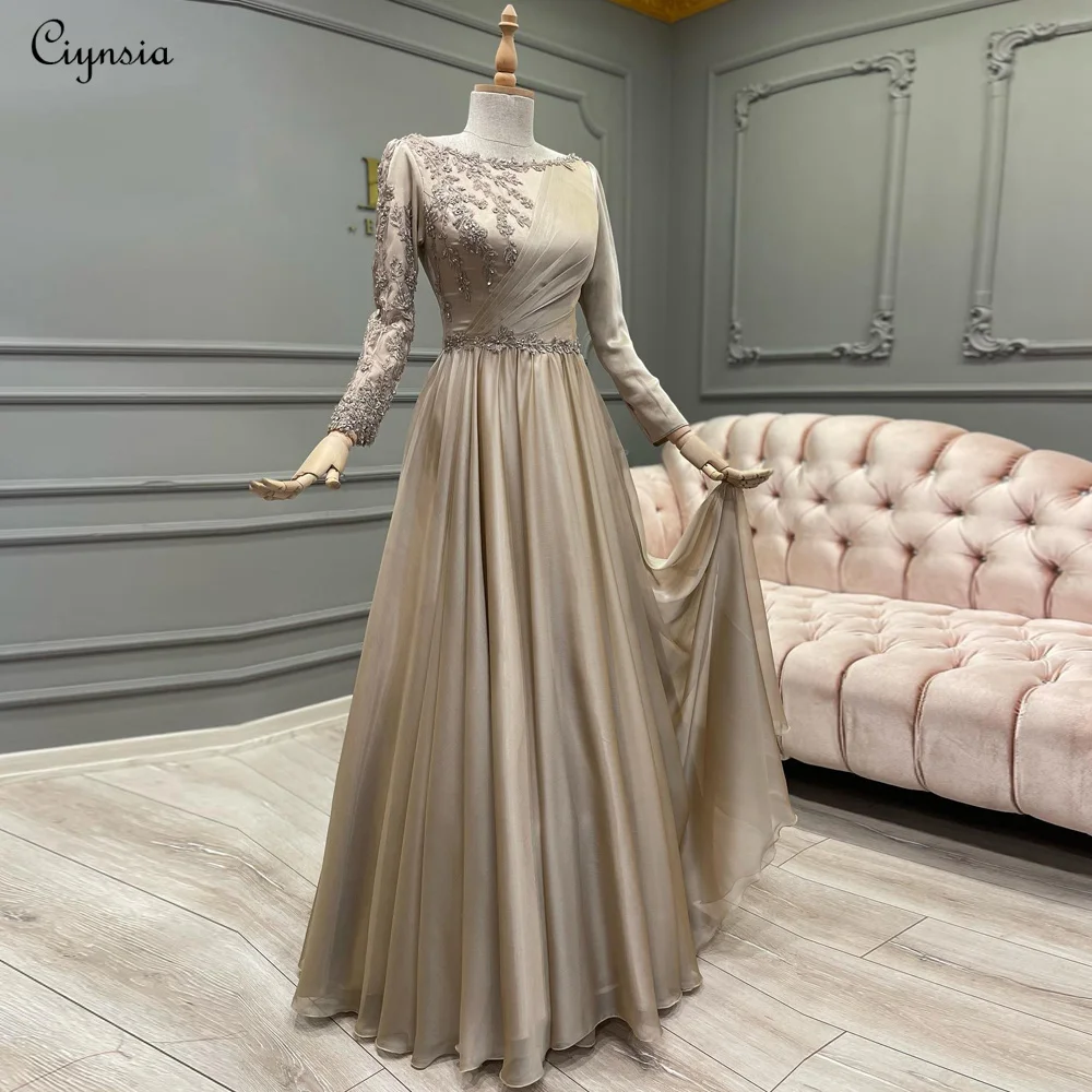 Ciynsia Champagne Long Sleeve Muslim Formal Dress Hijab Evening Party Gowns Scoop Appliques A Line Chiffon Prom Dresses Caftan