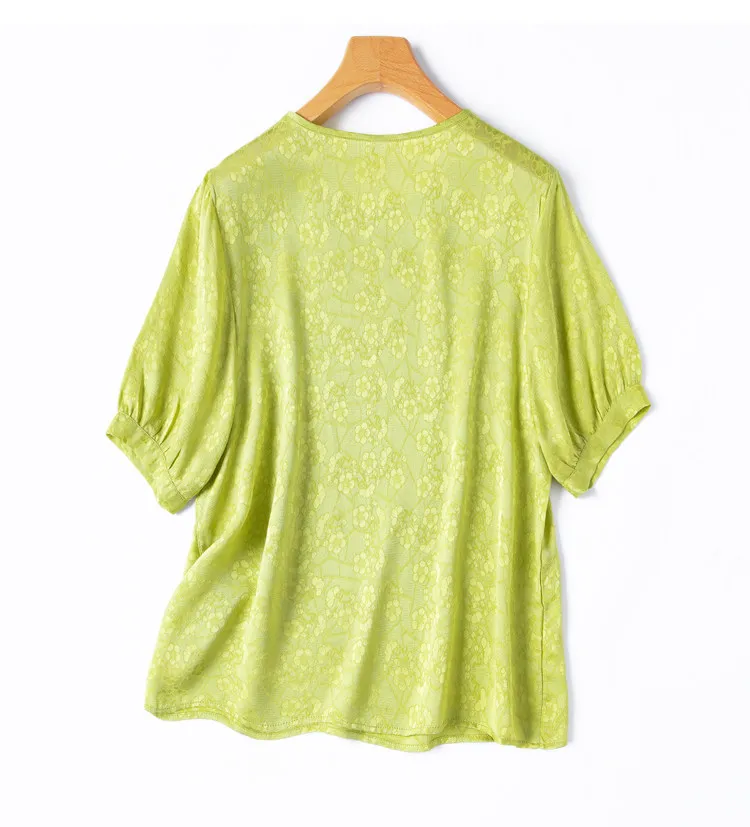 BirdTree-18MM 100%Real Silk Elegant T-Shirt, Lantern Sleeve Jacquard, Women Casual Breathable Loose Top, 2026 Summer T67187CC