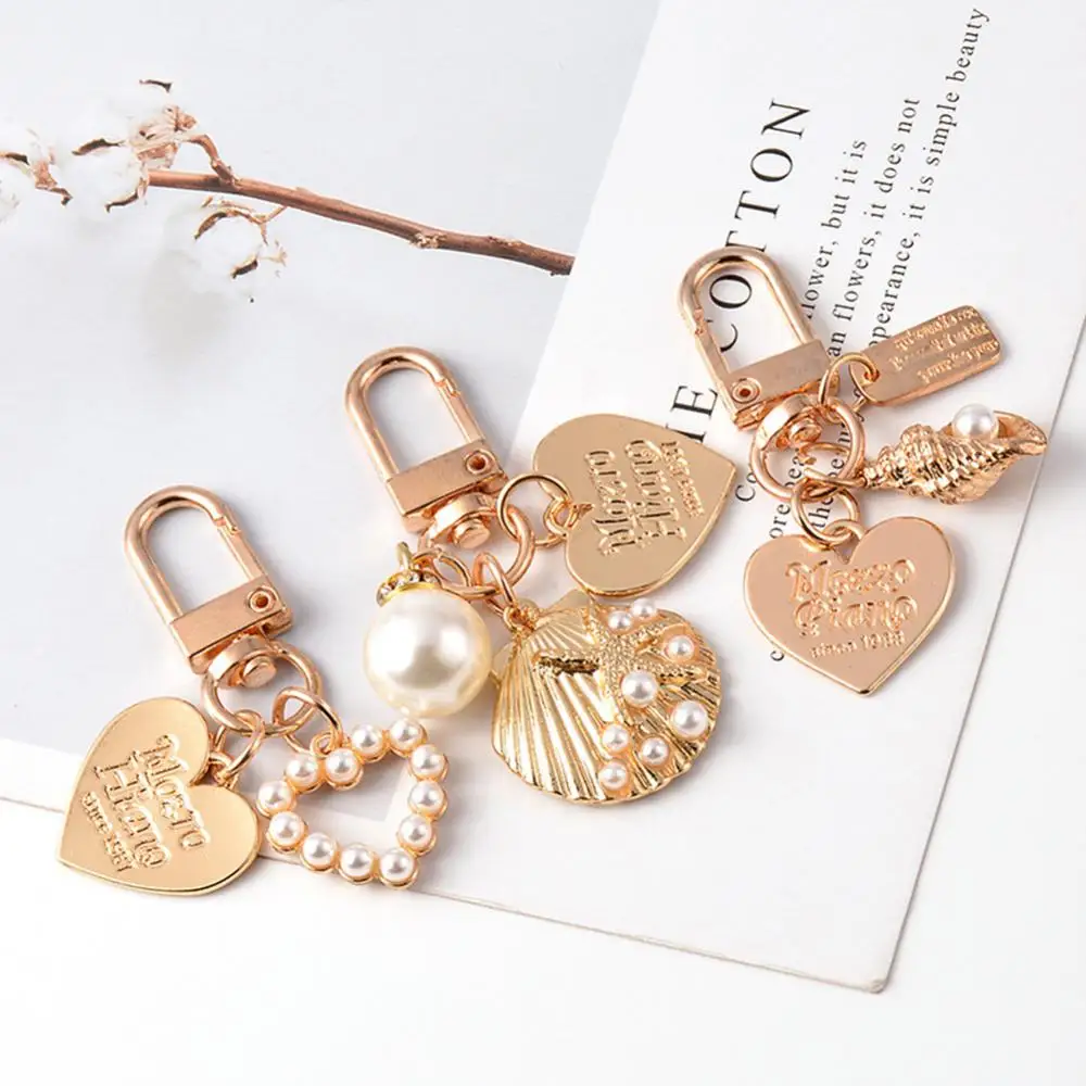 1~10PCS Creative Cute Shell Conch Pearl Keychain Women Charm Bag Trinket Metal Letter Heart Car Keyring for Earphone