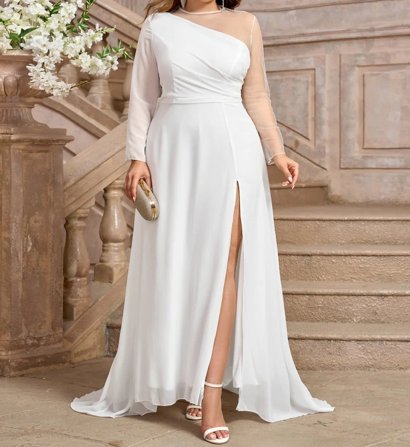 

Customized Elegant plus Size Solid Color Chiffon round Neck Cape Dress for Women Autumn Winter Cocktail Party Dress