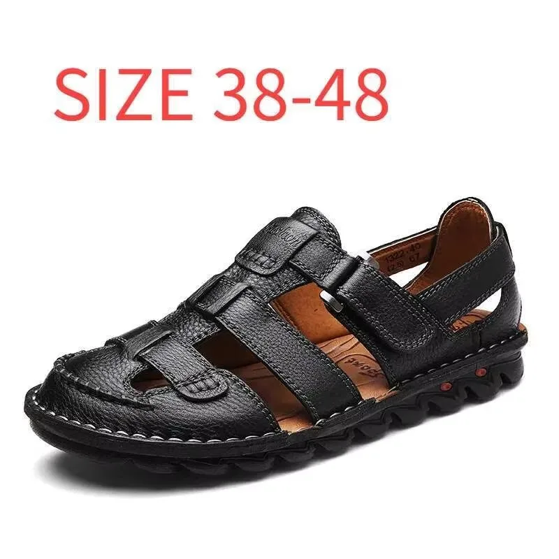 Men's Genuine Leather Sandals 2026 Summer Anti-slip Outdoor Beach Shoes Toe Cap Top Layer Cowhide Men Sandals Large Size 38-48