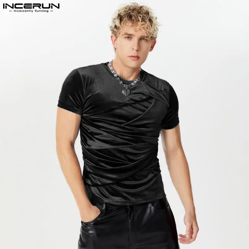 INCERUN Men Irregular T Shirt Solid Color O-neck Short Sleeve Velour Casual Male Tee Tops Streetwear Summer Fashion Men Clothing