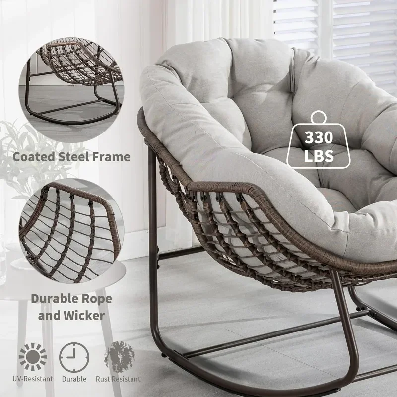 Villeston Outdoor Papasan Rocking Chair - Oversized Comfy Patio Chair Indoor Egg Royal Rattan Rocking Chair with Cushion