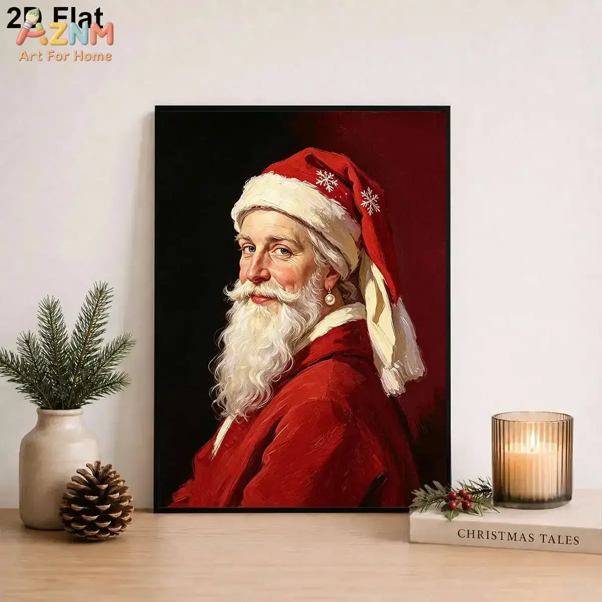 AZNM Elegant Santa Claus Portrait Canvas Print, Vintage Christmas Santa with Earring Oil Painting Unframed Canvas Painting, Xmas