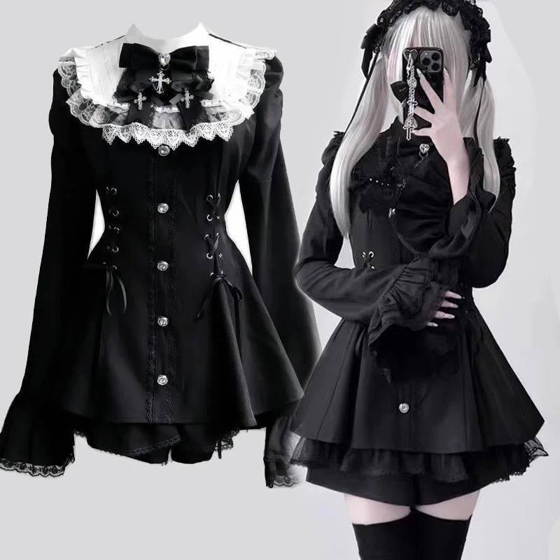 

Sweetheart Lolita Lace Bow Long Sleeve Mini Dress Fashion Corset Waist Gothic Dark Romantic Series Multi-color Choices Available