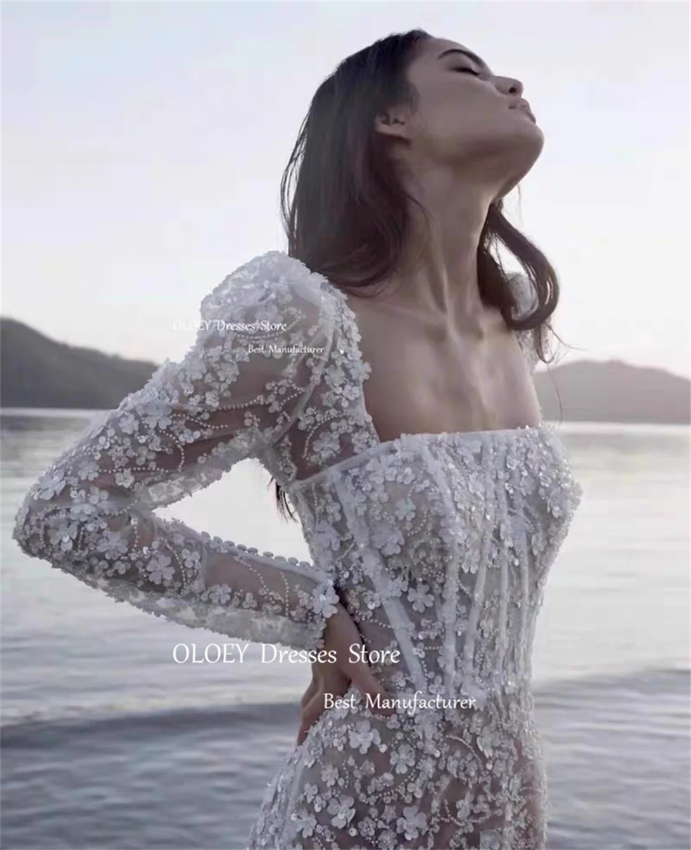 OLOEY Exquisite Mermaid Lace Wedding Dresses Square Collar Long Sleeves Bridal Gowns Robe De Marriage Floor Length Customized