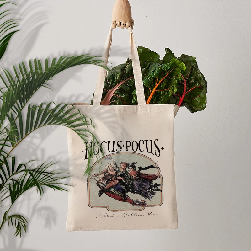 Hocus Pocus Pattern Canvas Tote Bag Halloween Gift for Friends Sister BFF Daughter Women Shopping Bag Reusable Shoulder Bags