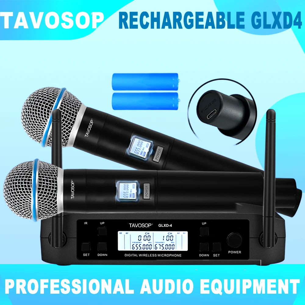 TAVOSOP Wireless Microphone 2Channel with Handheld Rechargeable GLXD4 Professional UHF Microphone System for DJ Party Karaoke