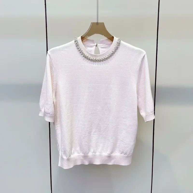 Early Autumn New 2024 Women's Rhinestone Trim O-Neck Pink Knit Tshirt Top Loose Short Sleeve Ladies Thin Sweater