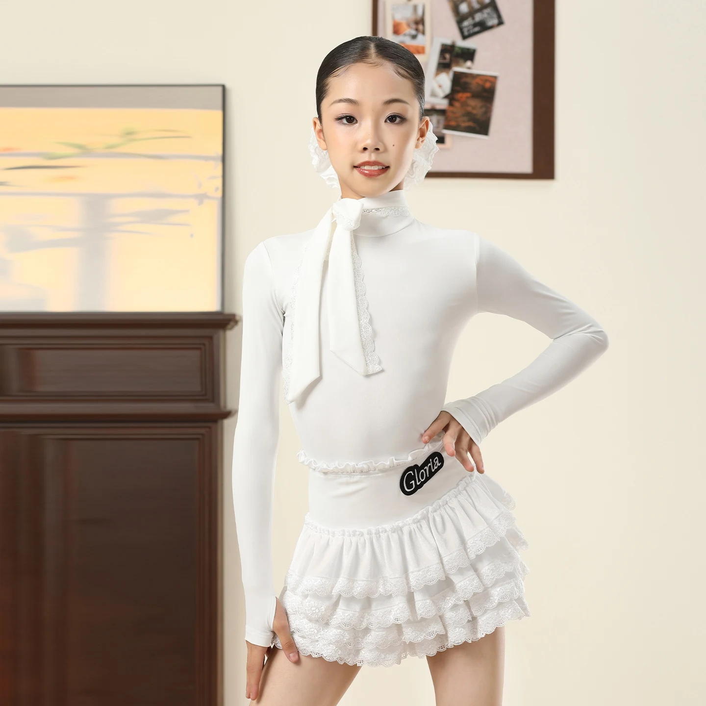 2025 High Neck Long Sleeved Top Cake Skirt Practice Suit Latin Dance Performance Costumes For Girls Chacha Latin Wear XH3196