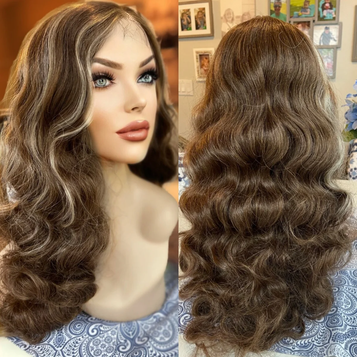 

Коричневый мелированный женский парик с объемной волной, бесклеевые синтетические кружевные верхние парики, термостойкое волокно с натуральной линией волос, женский парик