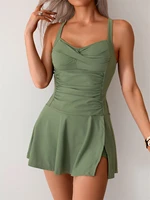 Solid Two Pieces Swimsuit 2026 Women Ruched Tankini Beach Dress Swimwear With Shorts Female Bathers Bathing Swimming Suit Summer